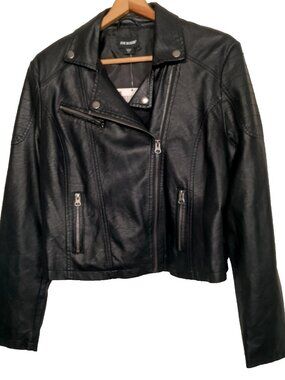 Joe Boxer Faux Leather Moto Jacket Women Large Black Short Biker Motorcycle Zip